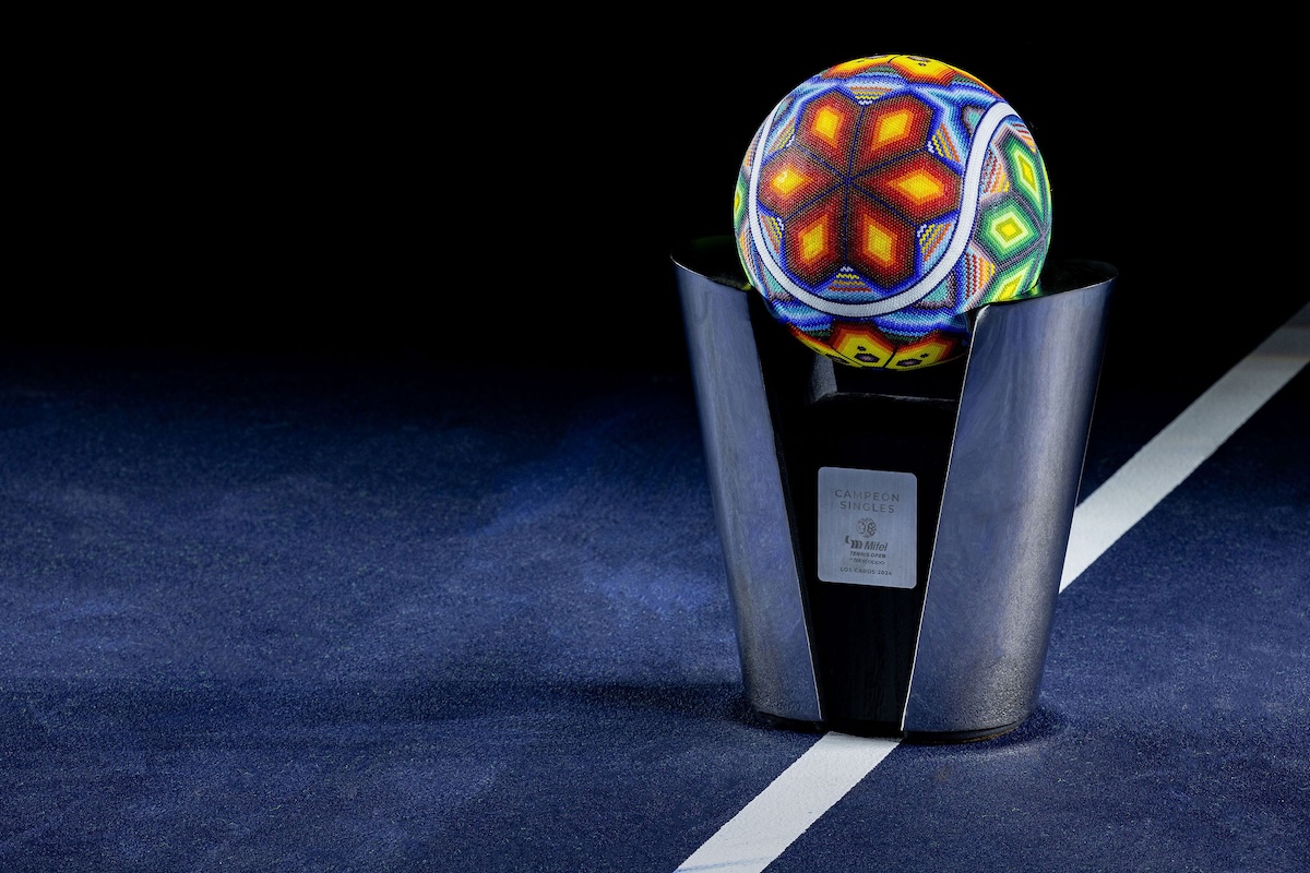 The ATP Los Cabos singles champion trophy—featuring a handcrafted Huichol beadwork tennis ball, symbolizing the vibrant spirit and cultural richness of Mexico. Image Credit: Mextenis