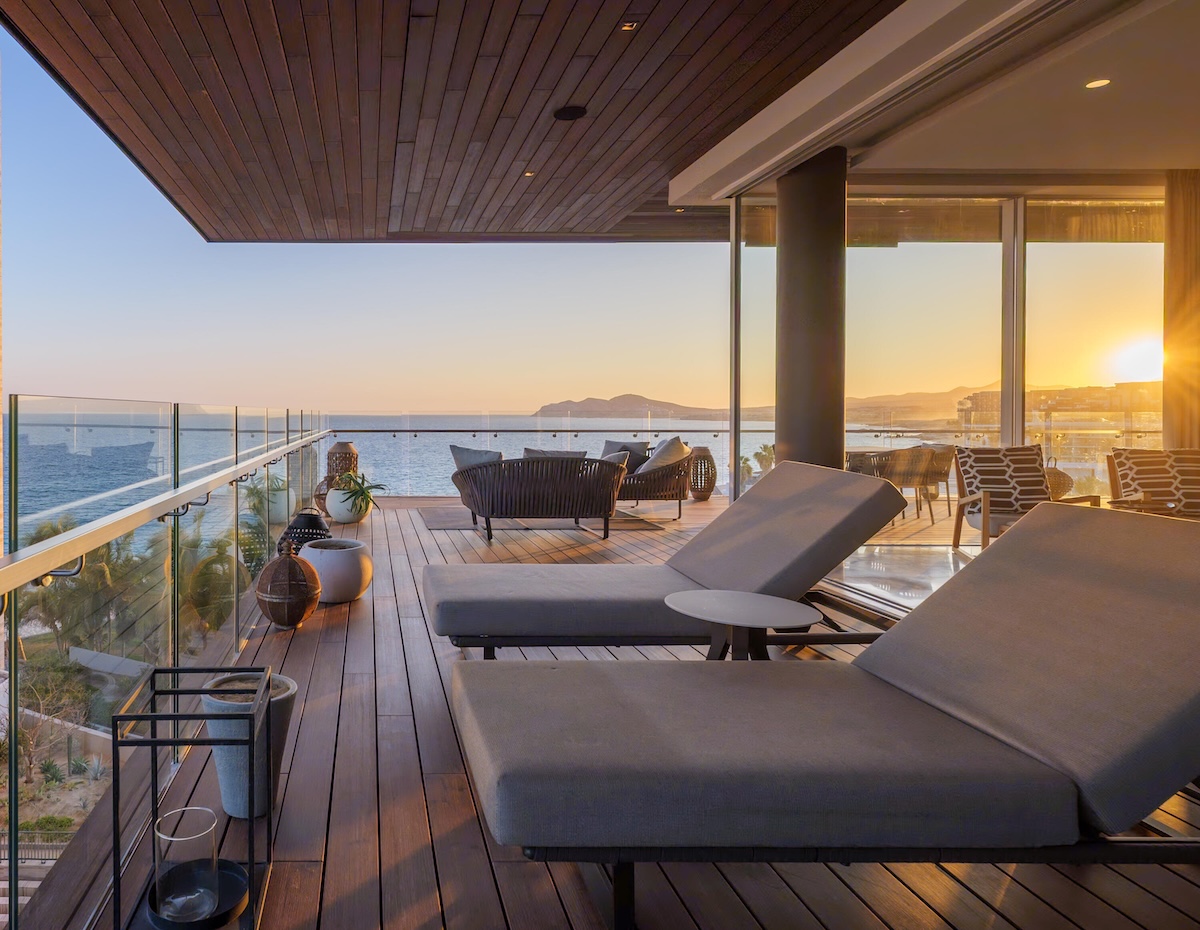 Golden hour views from the expansive terrace of The Residences at Solaz Unit 204—where modern luxury meets Baja serenity. Image Credit: Engel & Völkers Snell Real Estate