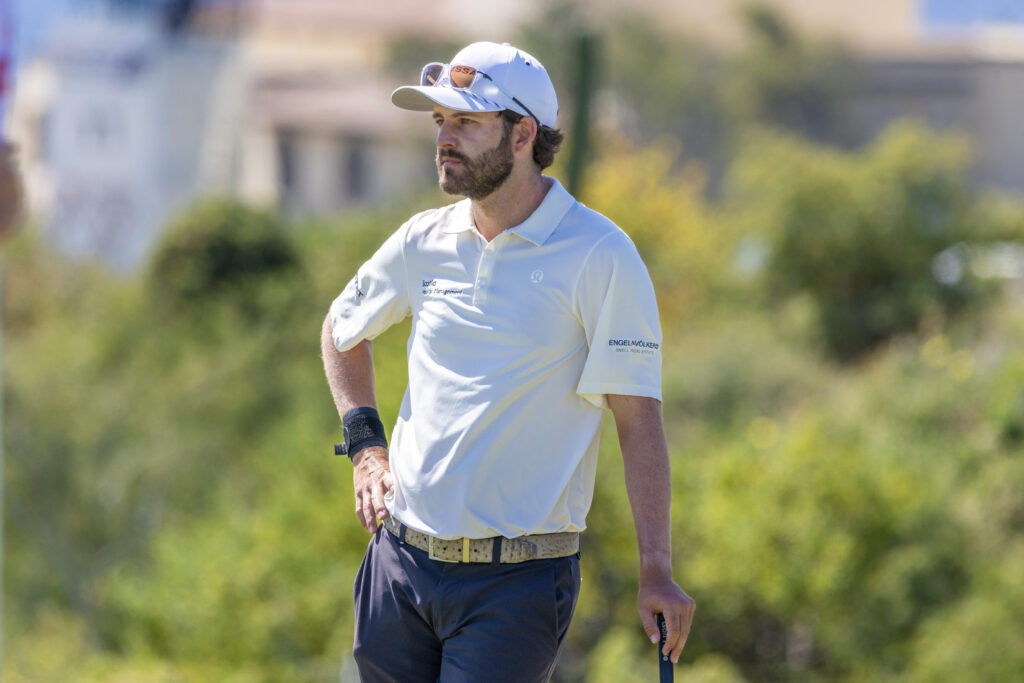 Isidro Benitez wears an Engel & Völkers Snell Real Estate-branded polo shirt during the 2024 World Wide Technology Championship in Los Cabos; Image Credit: Darren Carroll