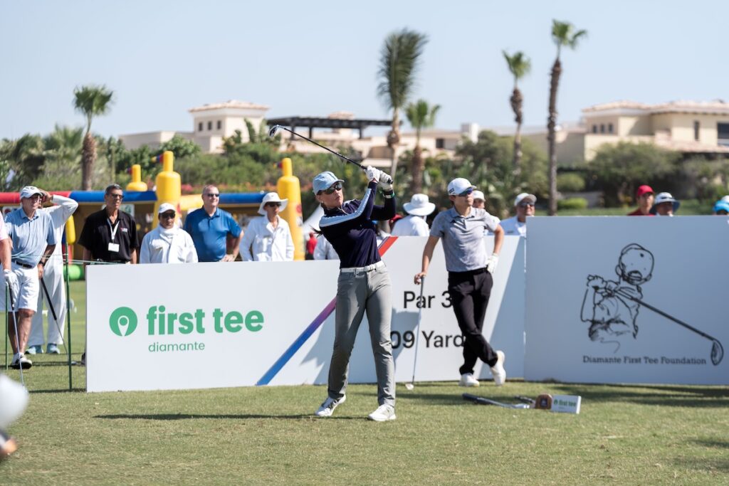 Vanessa Fukunaga, Owner & CEO of Engel & Völkers Snell Real Estate and Ocean Blue World, tees off during the Pro-Am. Image credit; World Wide Technology Championship