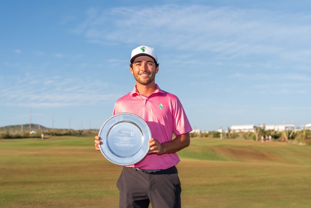 Mexican golfer Alejandro Madariaga proudly holds the Best Mexican Player medal after an impressive PGA TOUR debut at the World Wide Technology Championship, finishing 14-under and tying for 46th place. Image credit; World Wide Technology Championship